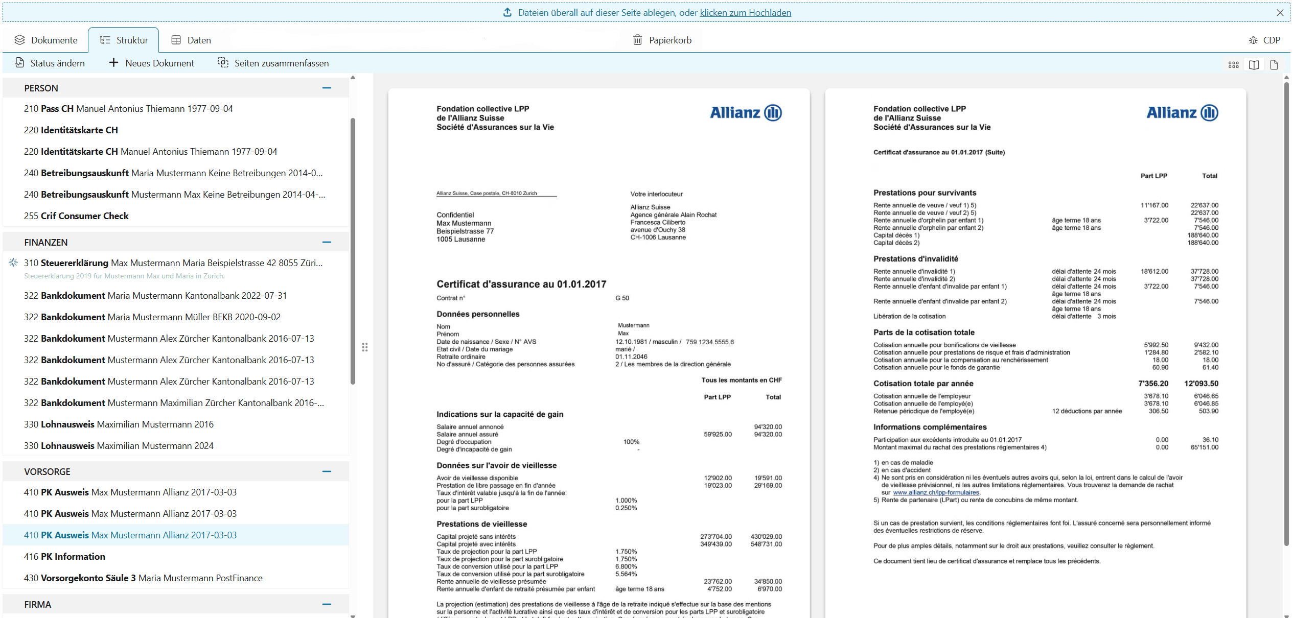 HypoDossier-Dossieransicht: links die nach Kategorien sortierten Dokumente einer Person, rechts zwei geöffnete Vorsorgeausweise einer Pensionskasse.