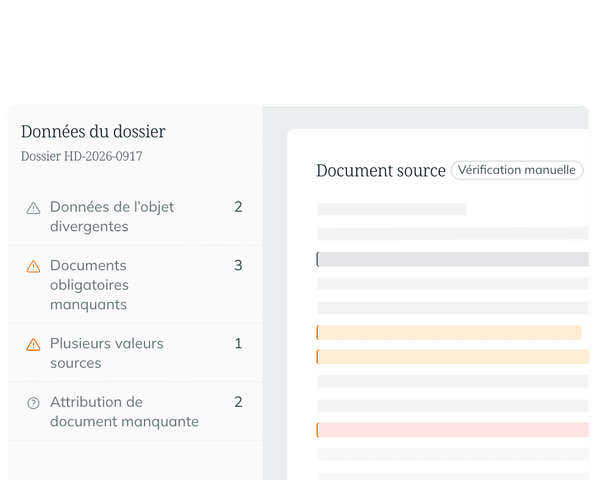 Données du dossier avec points signalés (données de l’objet divergentes, documents obligatoires manquants, plusieurs valeurs sources, attribution de document manquante) à côté du document source pour vérification manuelle.