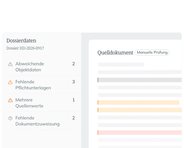 Dossierdaten mit markierten Punkten (abweichende Objektdaten, fehlende Pflichtunterlagen, mehrere Quellenwerte, fehlende Dokumentzuweisung) neben dem Quelldokument zur manuellen Prüfung.