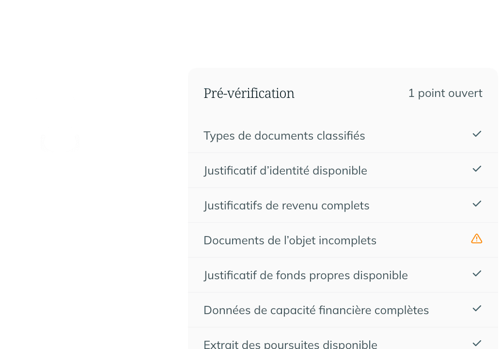 Pré-vérification avec un point ouvert : types de documents, justificatifs d’identité, de revenu et de fonds propres vérifiés ; documents relatifs à l’objet signalés comme incomplets.
