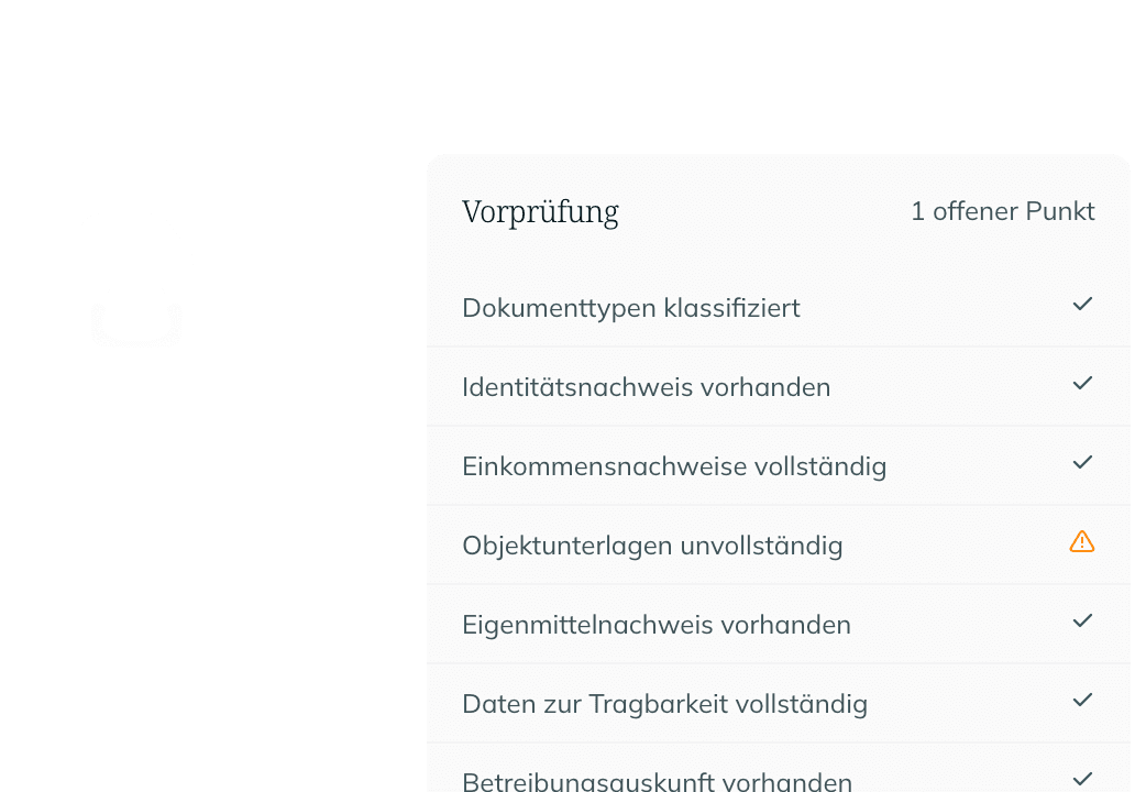 Vorprüfung mit einem offenen Punkt: Dokumenttypen, Identitäts-, Einkommens- und Eigenmittelnachweise sind geprüft, die Objektunterlagen sind als unvollständig markiert.