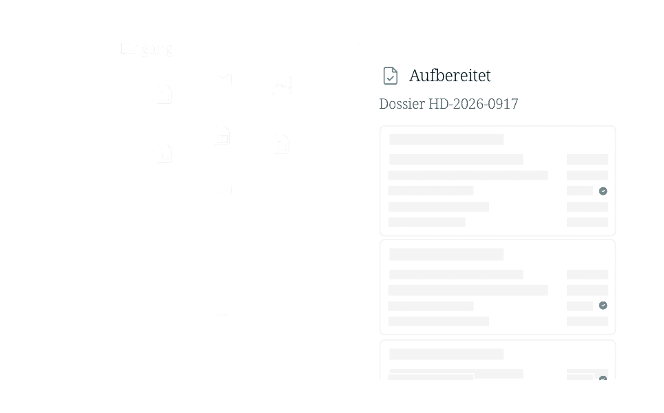 Eingegangene Dateien wie E-Mails, Bilder und Tabellen werden zu einem aufbereiteten Dossier HD-2026-0917 zusammengeführt.