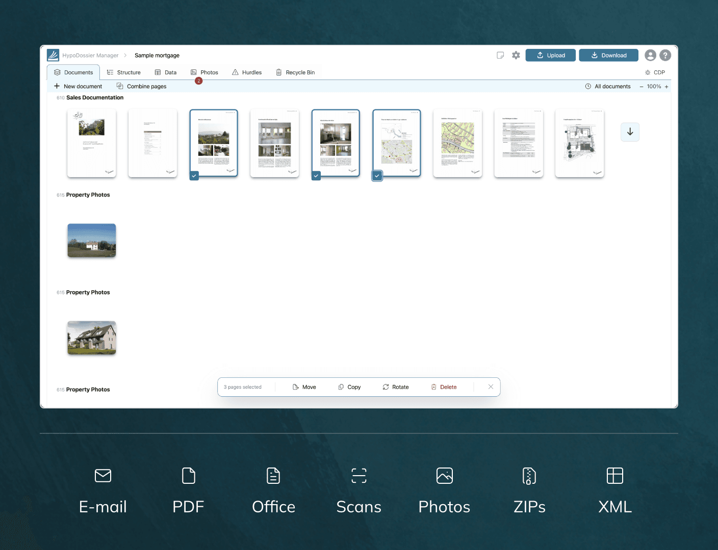 HypoDossier document view with the supported formats e-mail, PDF, Office, scans, photos, ZIPs and XML.