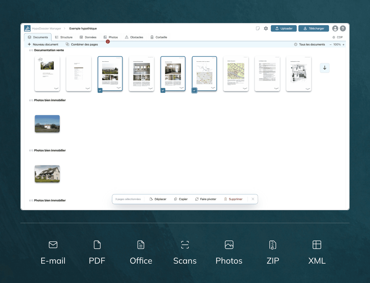 Vue des documents HypoDossier avec les formats pris en charge : e-mail, PDF, Office, scans, photos, ZIP et XML.