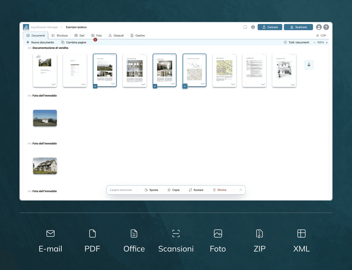 Vista documenti di HypoDossier con i formati supportati e-mail, PDF, Office, scansioni, foto, ZIP e XML.