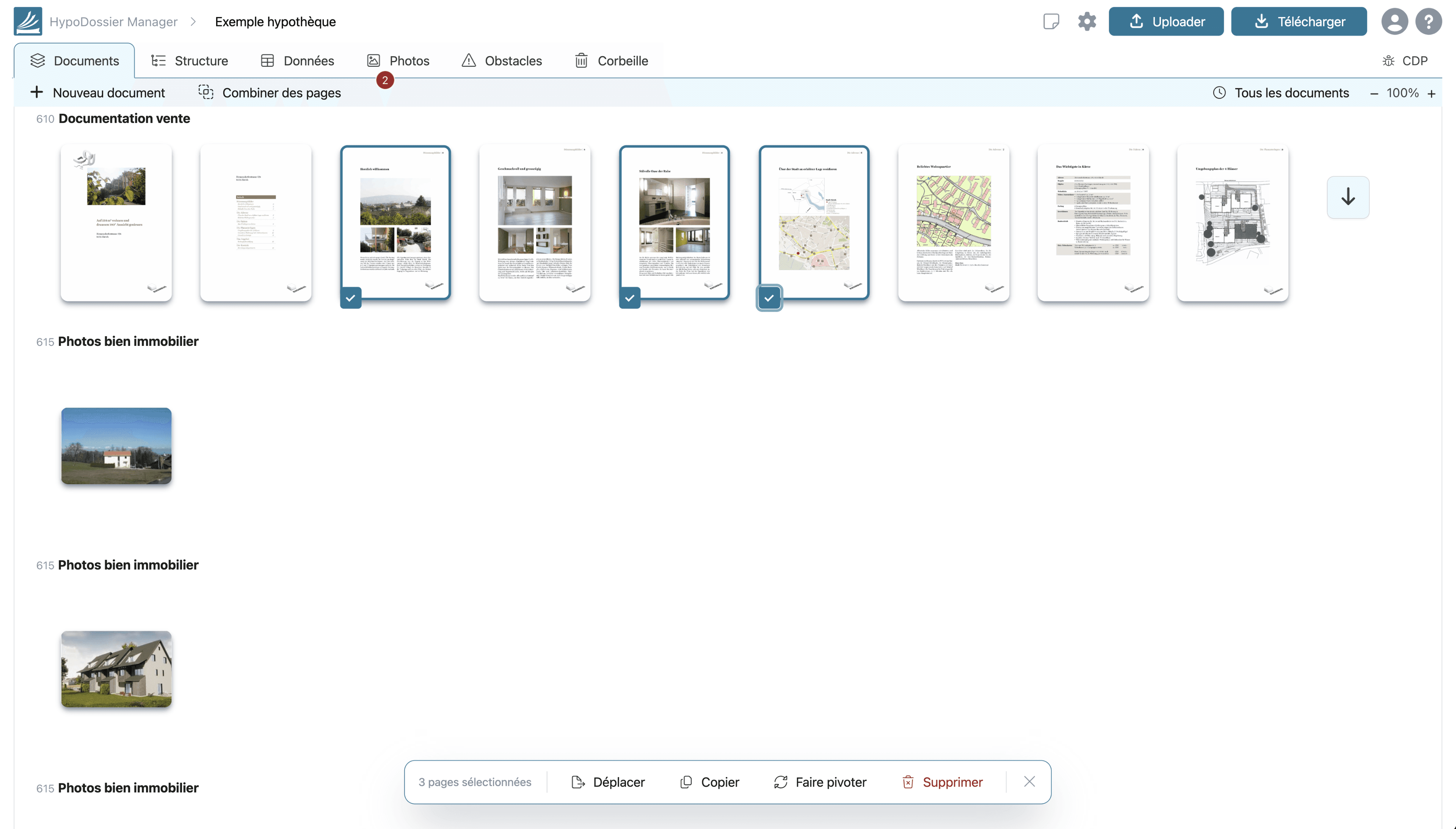 Vue des documents HypoDossier : les pièces reçues sous forme de documents uniformes, triés par catégorie.