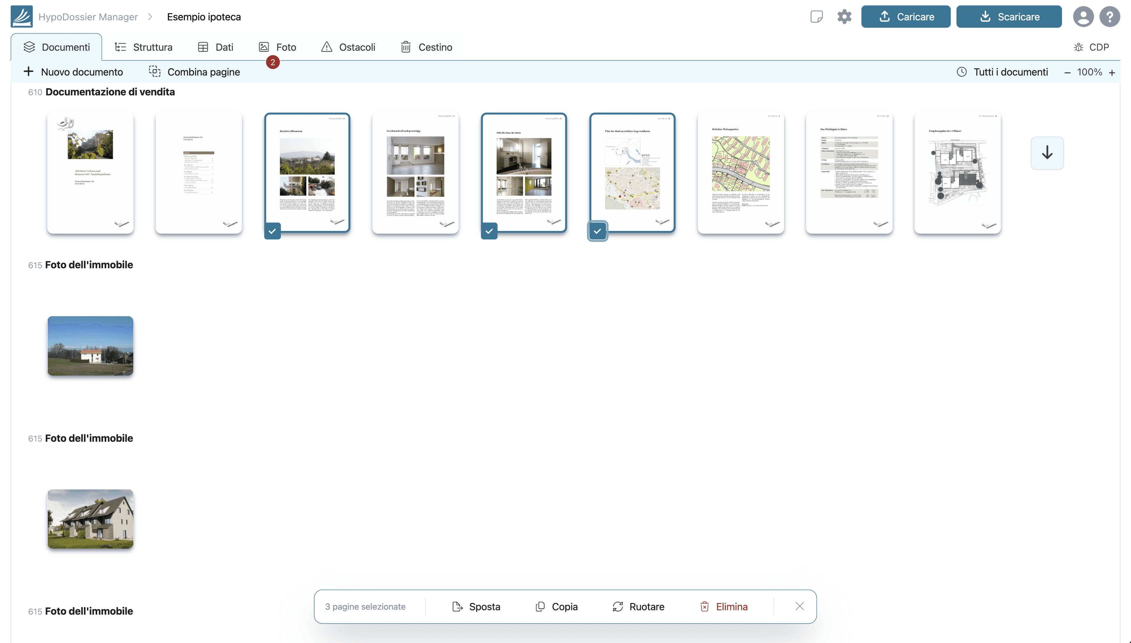 Vista documenti di HypoDossier: la documentazione ricevuta come documenti uniformi, ordinati per categoria.