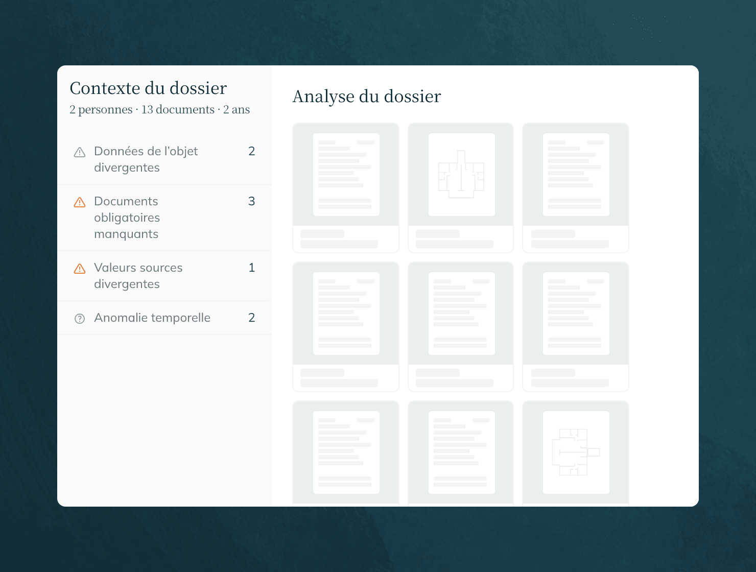 Analyse du dossier dans son contexte global : données d’objet divergentes, documents obligatoires manquants, valeurs sources divergentes et anomalie temporelle.