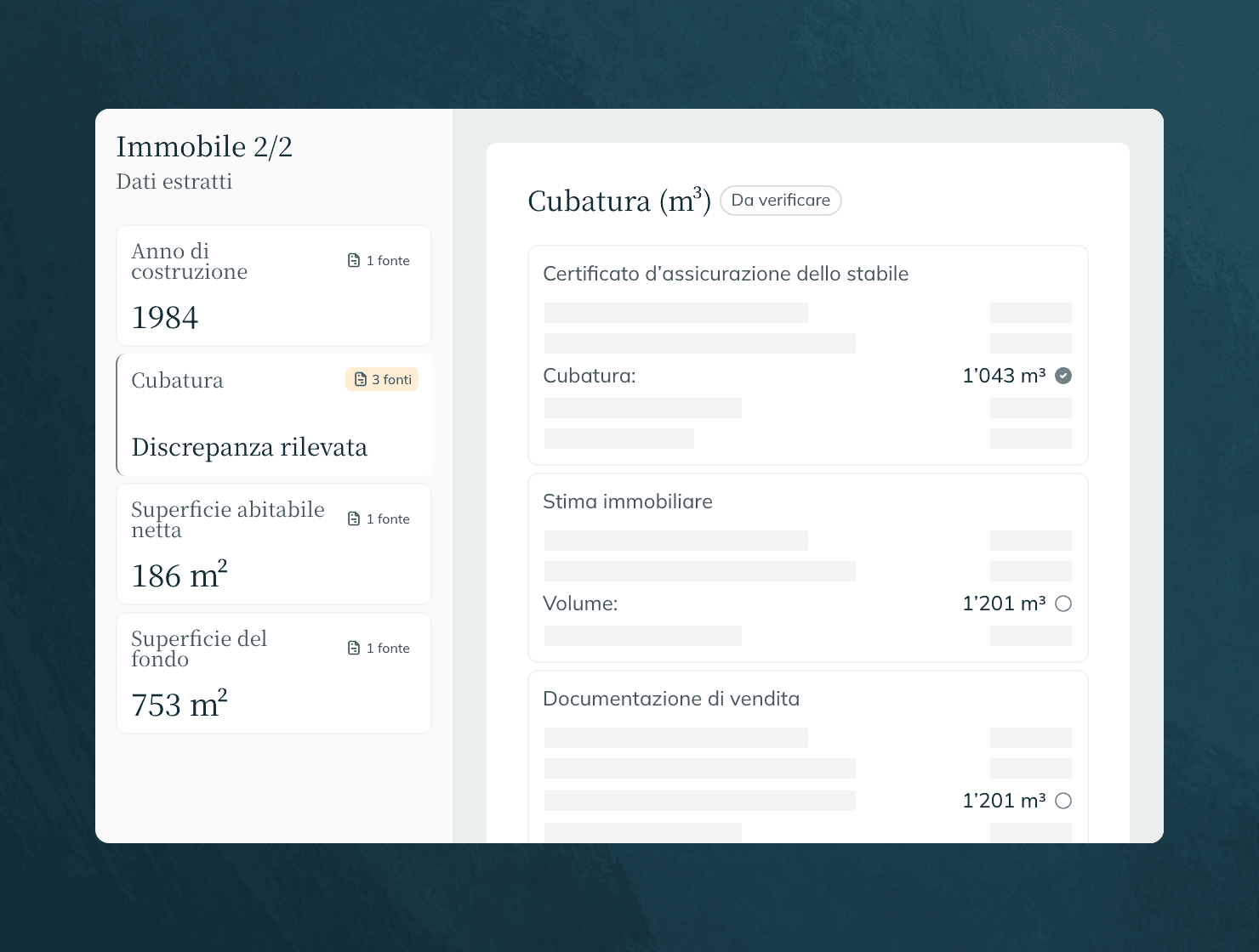 Dati dell’immobile estratti con la fonte di ogni campo; per la cubatura è segnalata per la verifica una discrepanza tra tre fonti.