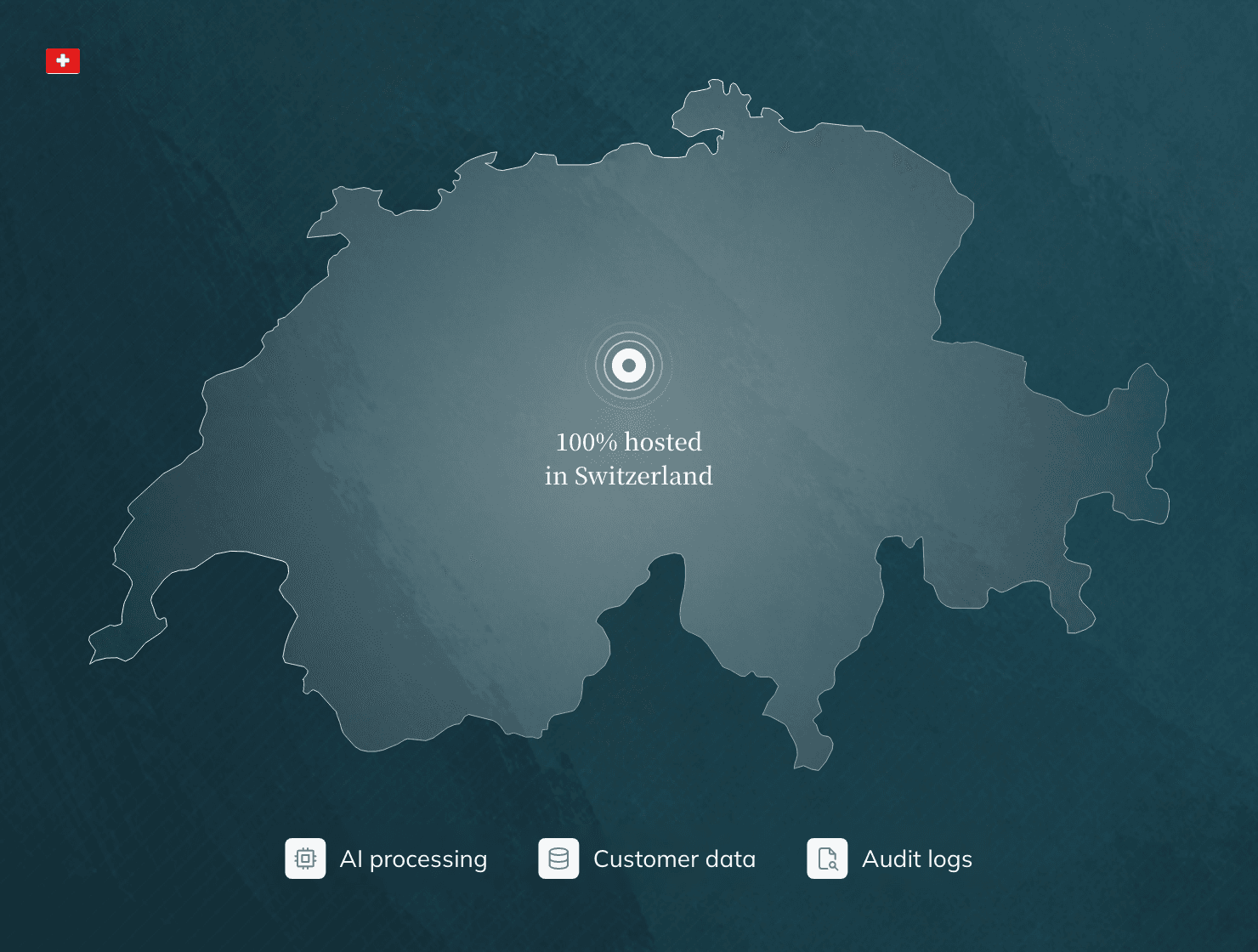 AI processing, customer data and audit logs - 100% hosted in Switzerland.
