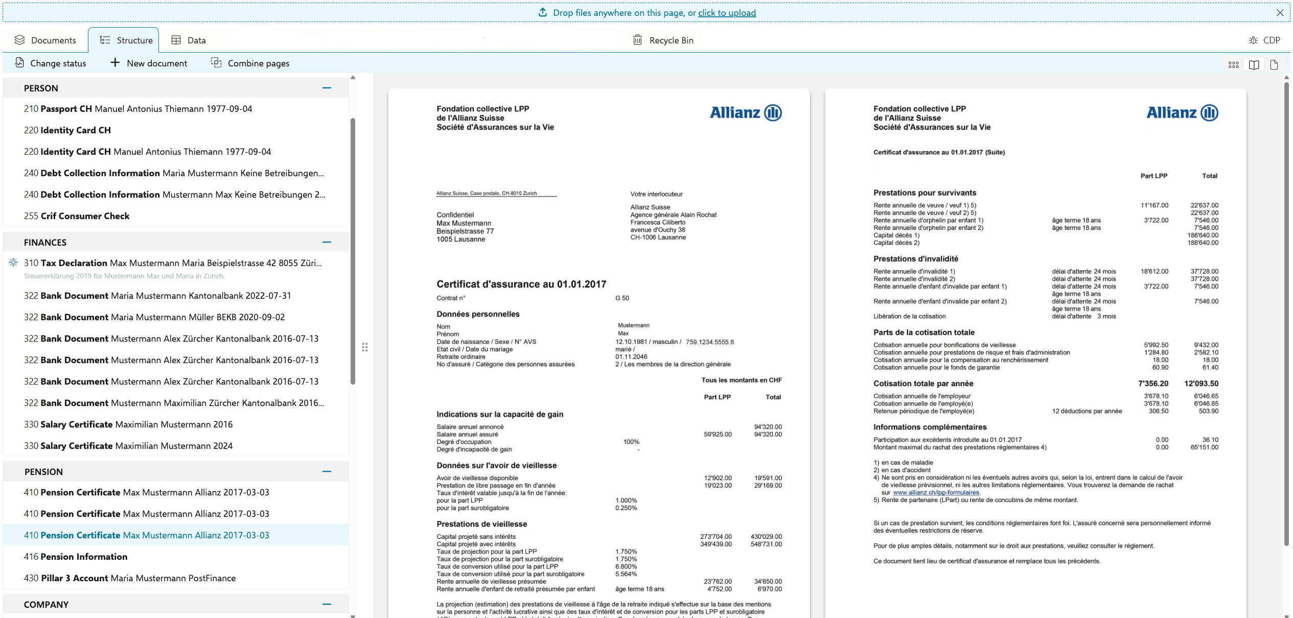 HypoDossier dossier view: on the left, a person’s documents sorted by category; on the right, two open pension fund certificates.