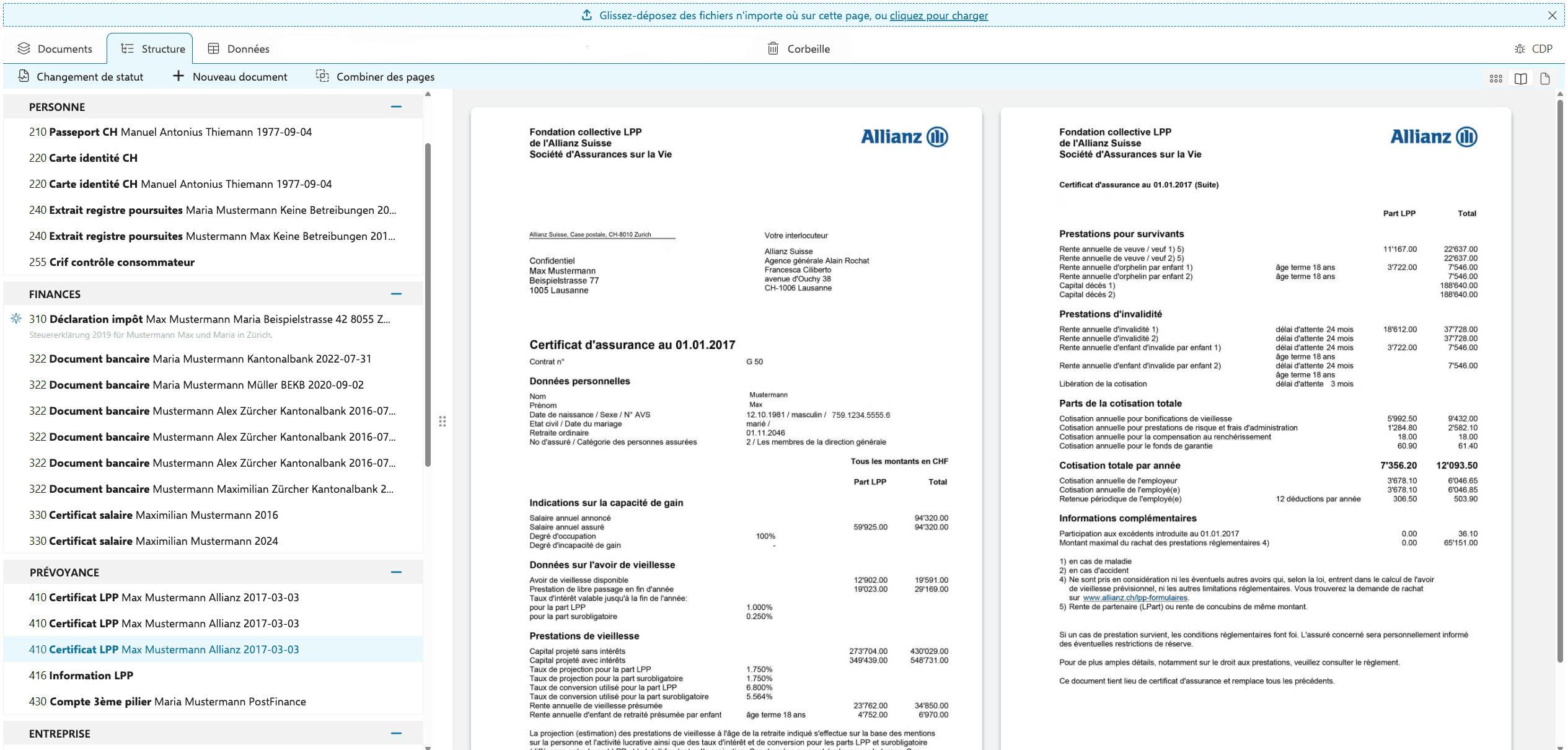 Vue du dossier HypoDossier : à gauche, les documents d’une personne triés par catégorie ; à droite, deux certificats de prévoyance d’une caisse de pension ouverts.