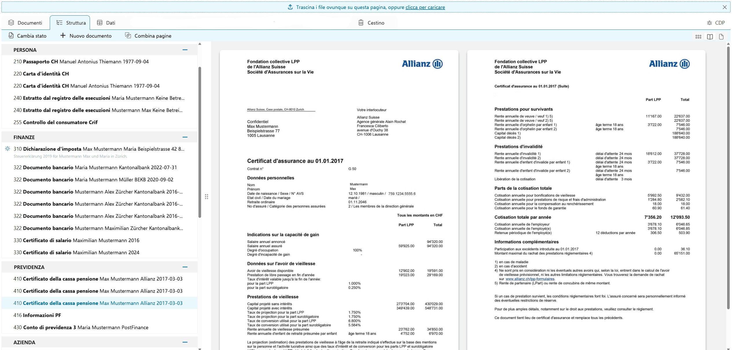 Vista dossier di HypoDossier: a sinistra i documenti di una persona ordinati per categoria, a destra due certificati di previdenza aperti di una cassa pensioni.