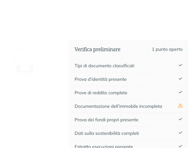 Verifica preliminare con un punto aperto: tipi di documento, prove d’identità, di reddito e di fondi propri sono verificati, la documentazione dell’immobile è segnalata come incompleta.